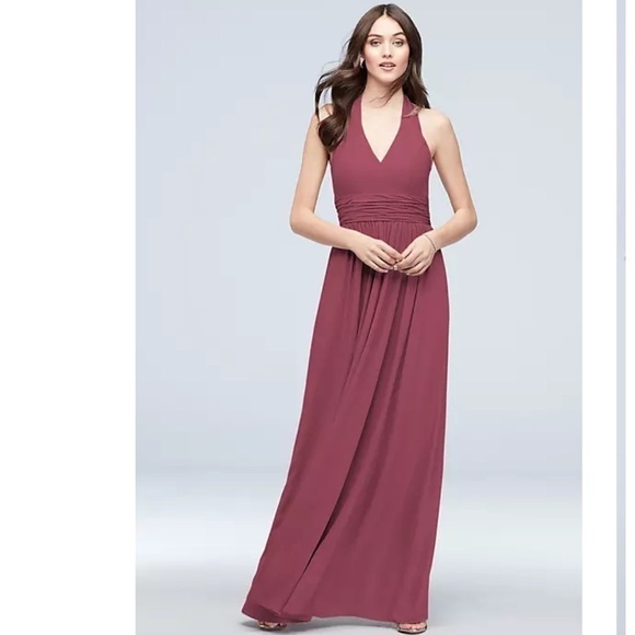 David’s Bridal Halter Ruched Waist Georgette Bridesmaid Dress/Prom Dress Gown - Picture 1 of 15